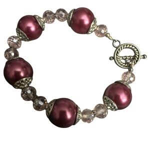 Purple and clear beaded silver costume jewelry bracelet